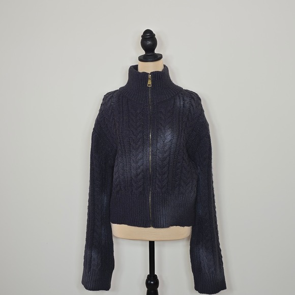 POL Sweaters - POL Size L Cable Knit Mock Neck Zip Up Cropped Sweater Charcoal Gray